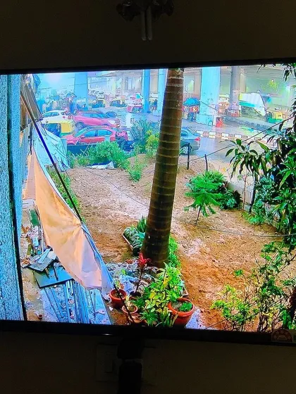 A single camera view on a large screen, showing the clear footage of an outdoor area.