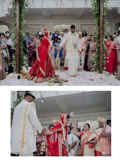 The pheras in progress, with family looking on. The open mandap design ensures everyone feels part of the ceremony.