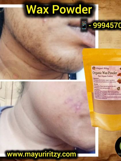 This is a close-up review of my Organic Wax Powder used for facial hair. The before and after pictures clearly show how effectively it removes unwanted hair, leaving the skin smooth and without any redness or irritation.