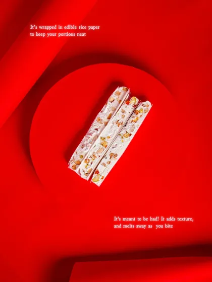 Our chewy Nougat is wrapped in edible rice paper, which adds texture and melts away as you bite.