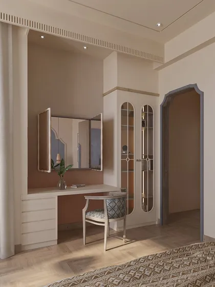 The use of arches continues from the bed's accent wall to the doorway, creating a cohesive and graceful architectural narrative throughout the space.
