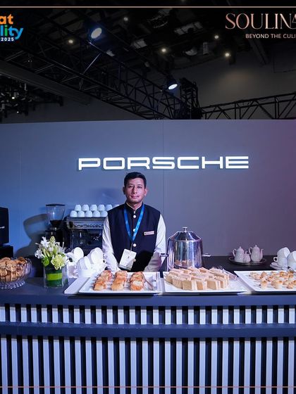 The sleek and modern coffee and snack bar we managed for Porsche at the Bharat Mobility Global Expo. Our setups are designed to match the aesthetic of our luxury clients.