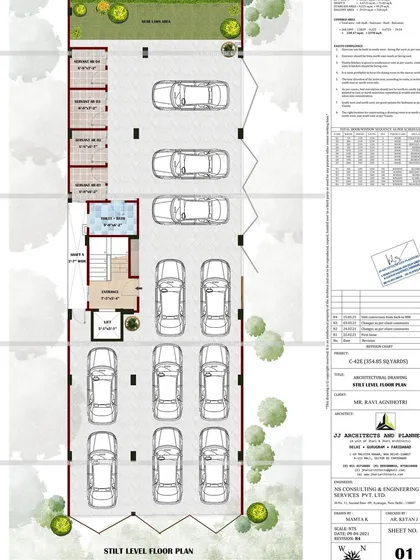 The stilt level floor plan for the same 355 sq. yard plot, designed to maximize parking. This plan accommodates ample car parking spaces, a guard room, and the lift/staircase lobby.