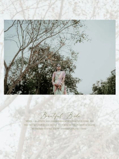 A beautifully designed portrait of the bride, framed by the branches of a tree, celebrating her as a "Beautiful Bride."
