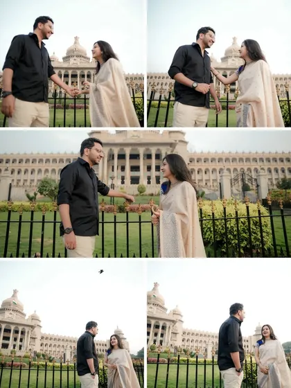 A series of candid interactions in the gardens of Vidhana Soudha. This collage shows the progression of a natural conversation, filled with smiles and genuine connection.