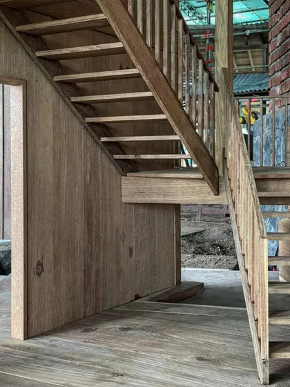 A closer view of the on-site staircase model. This level of detailed prototyping allows us to perfect the joinery, proportions, and structural integrity before final fabrication.