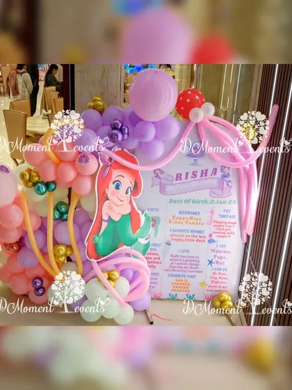 A personalized milestone board for Risha's mermaid-themed first birthday. The board is decorated with a cutout of Ariel and a whimsical balloon arrangement.