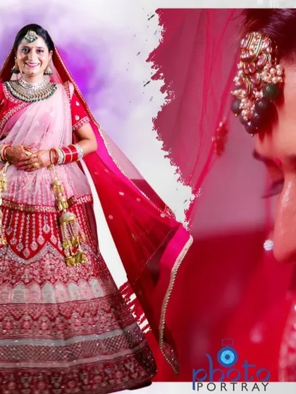 An elegant album layout showcasing the bride's full wedding lehenga and a close-up portrait from her Sikh wedding day.