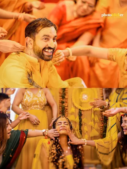 A split image showing both the bride and groom enjoying their respective haldi ceremonies, surrounded by loved ones.