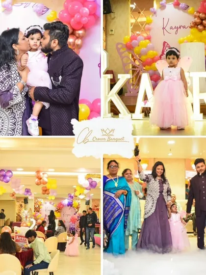 A collage from Kayra's butterfly-themed birthday party. It shows the grand entrance with sparklers, the elegant decor, and the happy family moments that we help create for your special day.