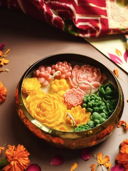 Experience the beauty of a flower garden in our hammered brass Urli. This vibrant candle is filled with colorful wax flowers and succulents, making it a gift that anyone would fall in love with.