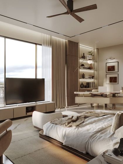 This collection of images explores a single master suite, including the main sleeping area and an integrated home office. We've rendered the space from wide angles to detailed close-ups, showcasing the cohesive design, material textures, and sophisticated lighting.