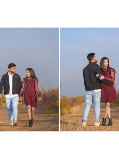 A casual walk, a shared glance. This diptych captures the simple, everyday moments of love during a pre-wedding session.