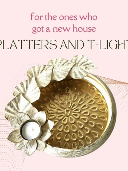 A perfect housewarming gift idea. This golden platter with a floral T-light holder is a beautiful and auspicious piece to adorn a new home.