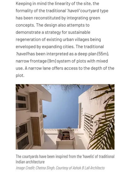 This article clipping explains how the traditional 'haveli' courtyard typology was reconstituted with green concepts. The design demonstrates a strategy for the sustainable regeneration of existing urban villages.