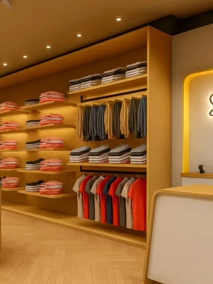 Here is a 3D concept for the Shoetown garment store in Rewari. I focused on creating a bright, inviting atmosphere with warm wood tones and strategic backlighting to highlight the apparel and draw customers in.