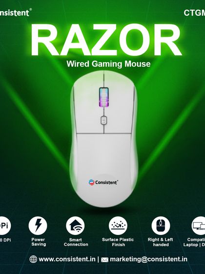 My "Razor" wired gaming mouse offers precision with its 1600 DPI sensor and a smart, power-saving design. It is built for both right and left-handed gamers and features a durable plastic finish for long-lasting performance.