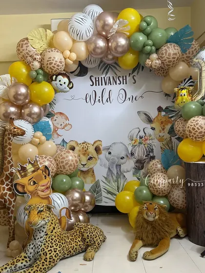 A complete view of the 'Shivansh's Wild One' jungle theme, perfect for a home celebration.