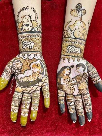 I love creating personalized mehendi for baby showers. This design features adorable motifs like a baby sleeping on the moon, a couple portrait, teddy bears, and playful "Boy" or "Girl" text, making it a unique celebration for the mom-to-be.