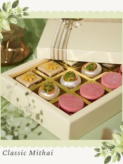Our Classic Mithai collection, featuring Strawberry Pâte de Fruit Katli and Pista & Saffron Cups. These sweets combine nostalgic flavors with beautiful, modern presentation.