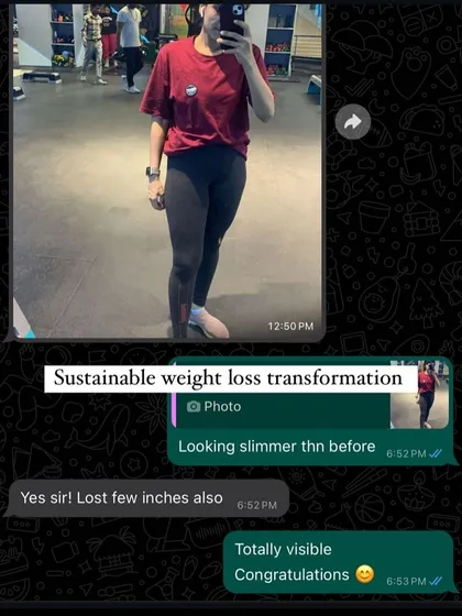 "Looking slimmer than before." This client is happy with her sustainable weight loss transformation and inch loss, proving our plans deliver visible results.