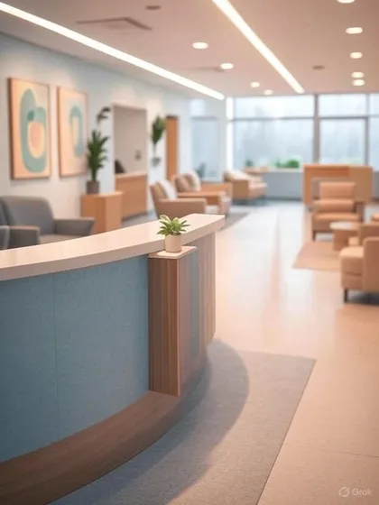 A soft and welcoming clinic waiting area with a curved reception desk and comfortable, modern furniture. The use of light wood, pastel colors, and ample natural light creates a calm and soothing atmosphere.