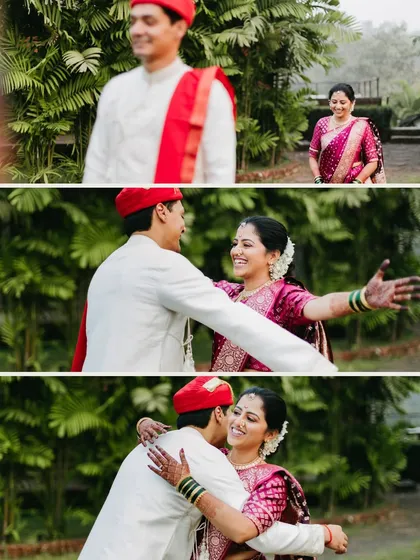 A collage capturing the "first look" between a Maharashtrian bride and groom, showing his anticipation and their happy reunion.