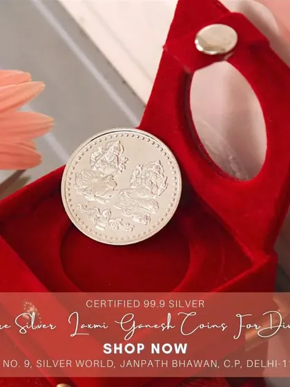 My certified 99.9% pure silver Lakshmi Ganesh coin, presented in a classic red velvet gift box. This is one of my most sought-after items for Diwali, Dhanteras, and Akshaya Tritiya, perfect for gifting blessings and good fortune.
