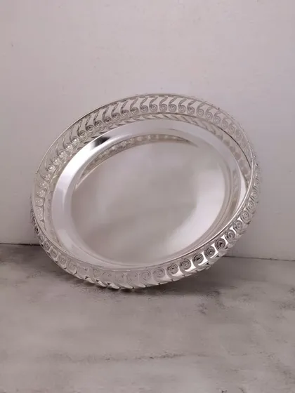 A clean, studio shot of a German silver tray with a simple, elegant border design.
