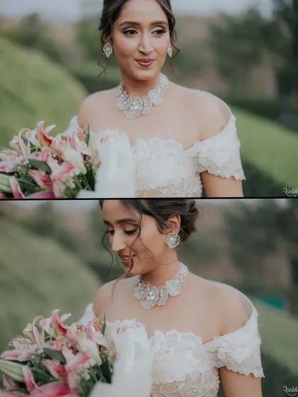 A diptych of the bride, Sachi, in her beautiful white gown, capturing both a thoughtful and a joyful expression.