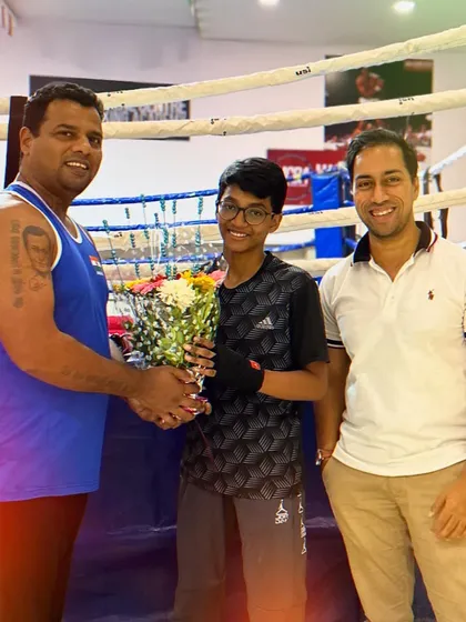 Celebrating our boxers' success at the National selections. Vedika Satre with her coaches after bagging the gold medal.