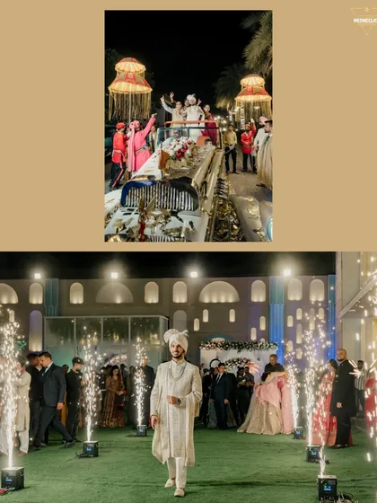 A collage of the groom's entry, from the energetic Baraat to his solo walk down an aisle lined with sparklers.
