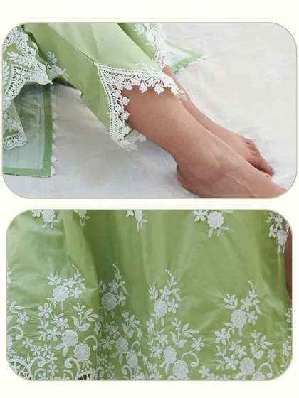 I love the details on this set. The sleeve has beautiful lace inserts, and the hem of the kurta is covered in intricate floral embroidery, adding a touch of elegance.