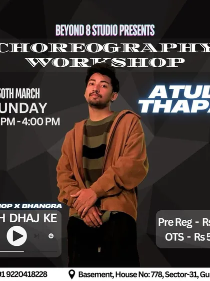 Get ready for some high-energy fun with our Hip-Hop and Bhangra fusion workshop. This poster announces a class on the superhit track 'Saj Dhaj Ke', perfect for anyone looking to learn a party-starter routine.