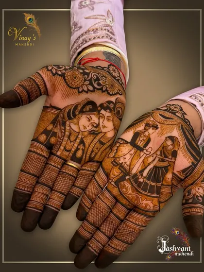Groom mehndi deserves to be just as detailed. This design features a portrait of Radha and Krishna on one palm and a beautiful varmala ceremony on the other, showcasing our skill in creating narrative henna art for grooms.