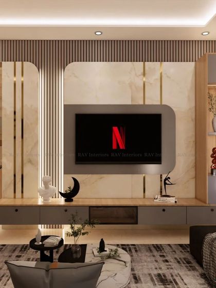 A modern TV unit with a floating console, set against a backdrop of marble and fluted panels. The design is clean, sophisticated, and perfect for a contemporary home.