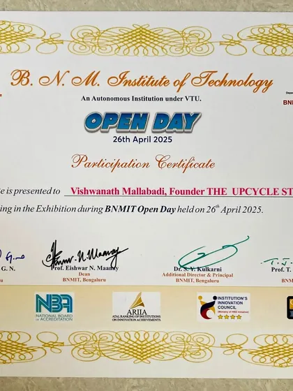 My participation certificate from the BNMIT Open Day exhibition, a testament to a great day of interaction and inspiration.