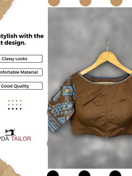 Get stylish with the latest designs. This graphic showcases our brown blouse with printed sleeves, highlighting its classy look and comfortable material.