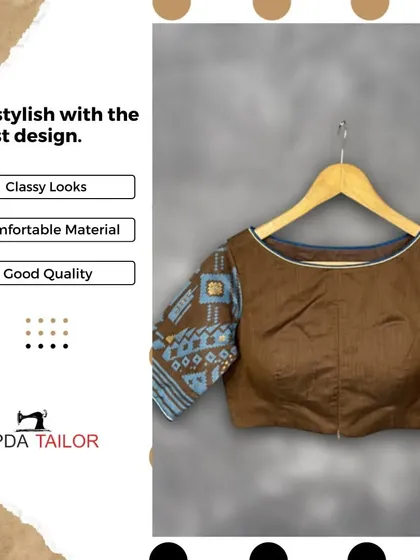 Get stylish with the latest designs. This graphic showcases our brown blouse with printed sleeves, highlighting its classy look and comfortable material.