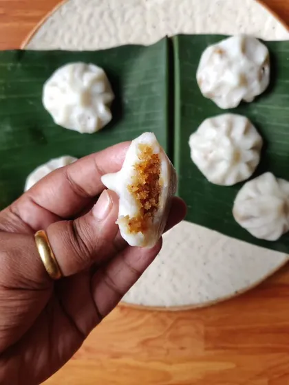 A look inside my Ukdiche Modak, filled with sweet coconut and jaggery. I offer these handmade delicacies in limited quantities during the Ganpati festival, so be sure to pre-order!