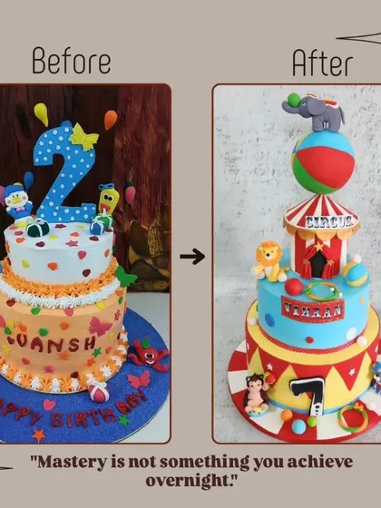 Mastery is not something you achieve overnight. This shows the journey of my multi-tiered cakes, from a simple design to a complex and gravity-defying circus theme.