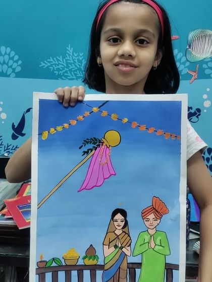 A lovely Gudi Padwa painting featuring a couple in traditional attire, celebrating the festival together.