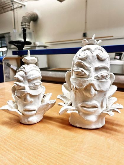 The unglazed, white bisque-fired versions of the 'Glazed & Confused' sculptures before painting.