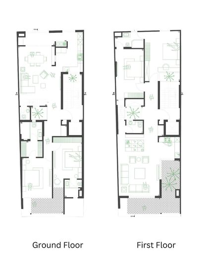The ground and first-floor plans of Hikari House. The layout shows how we planned for two families on one small plot, with a central light court anchoring both floors and private bedrooms at the periphery.