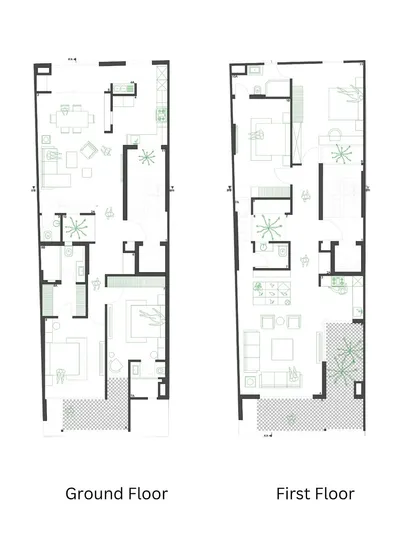 The ground and first-floor plans of Hikari House. The layout shows how we planned for two families on one small plot, with a central light court anchoring both floors and private bedrooms at the periphery.