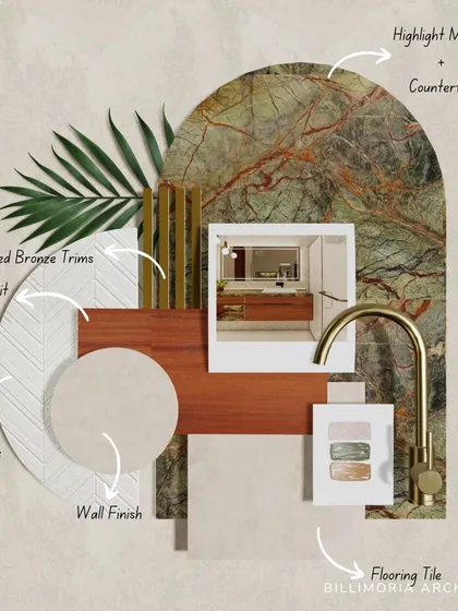 This mood board for a bathroom breaks down the material selection, including the highlight marble for the countertop, brushed bronze trims, and specific wall and floor tiles.