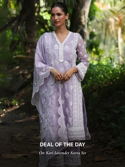 The Kari Lavender Kurta Set is a dream. The soft lavender color and intricate white lacework create a look that is both romantic and sophisticated.