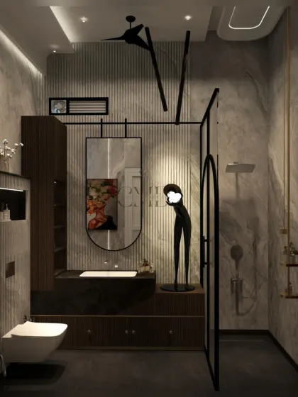 This master bathroom in a Noida penthouse is a study in dramatic luxury. I used bold marble cladding, fluted details, and sculptural art pieces to create a space that feels like a private, art-infused spa, blending elegance with powerful design statements.