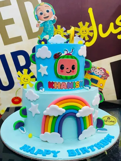 A favorite among our youngest clients, this two-tiered, 5kg Cocomelon cake brings the beloved cartoon to life. It features bright, cheerful colors, fondant rainbows and clouds, and edible prints of JJ and the watermelon logo, making it the perfect centerpiece for a child's birthday party.