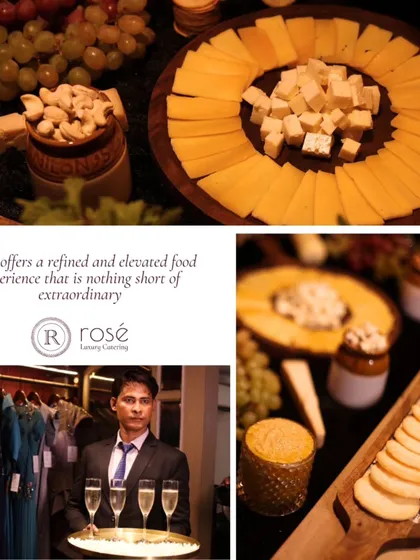A collage showcasing our refined food experience, featuring elegant cheese platters and our professional staff serving champagne. We offer an experience that is nothing short of extraordinary.